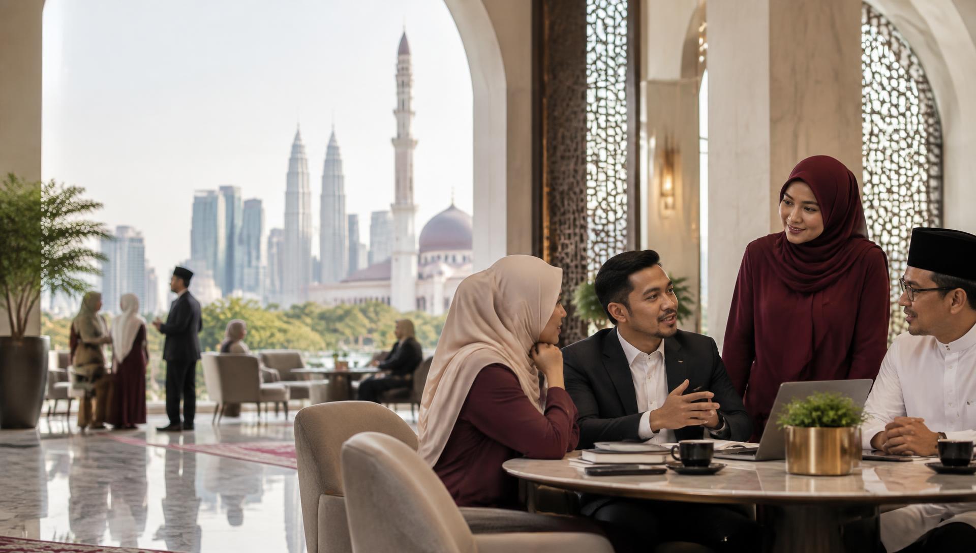 Malaysian Muslim business owners meeting near a mosque